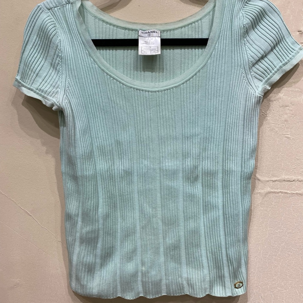 Chanel cotton knit tee with Cc embellishment